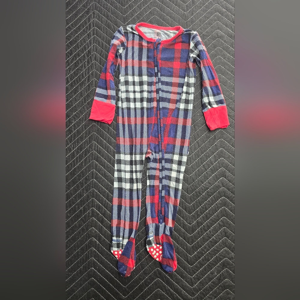 Plaid Kids Footie Pajamas - Navy and Red
